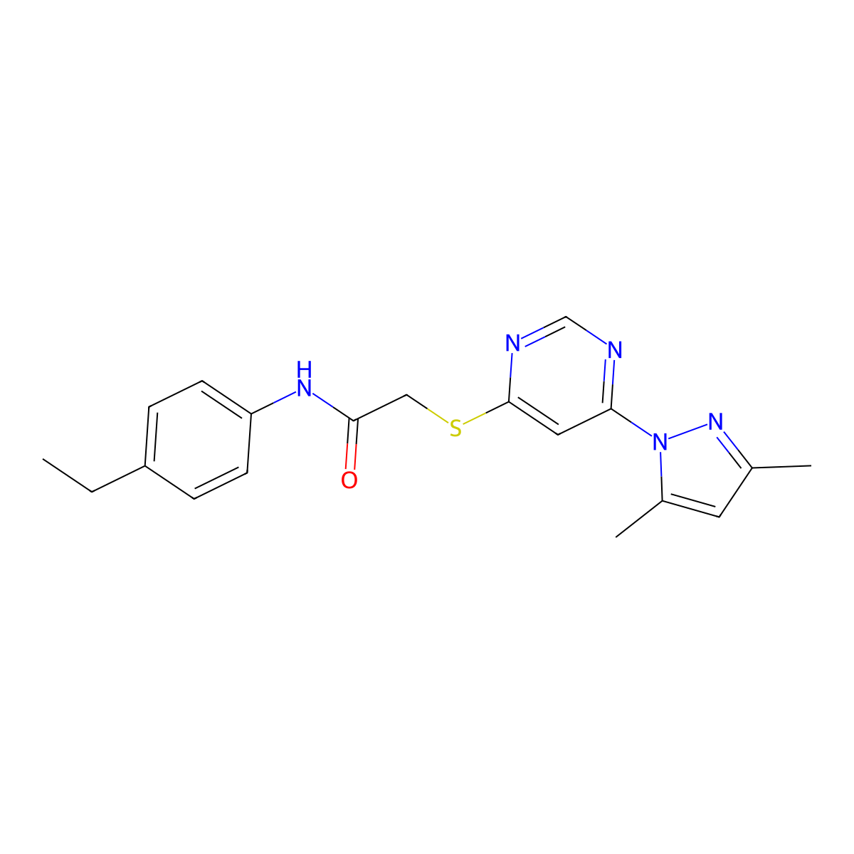 2-((6-(3,5-dimethyl-1H-pyrazol-1-yl)pyrimidin-4-yl)thio)-N-(4-ethylphenyl)acetamide molecular structure, CAS 1251667-75-0