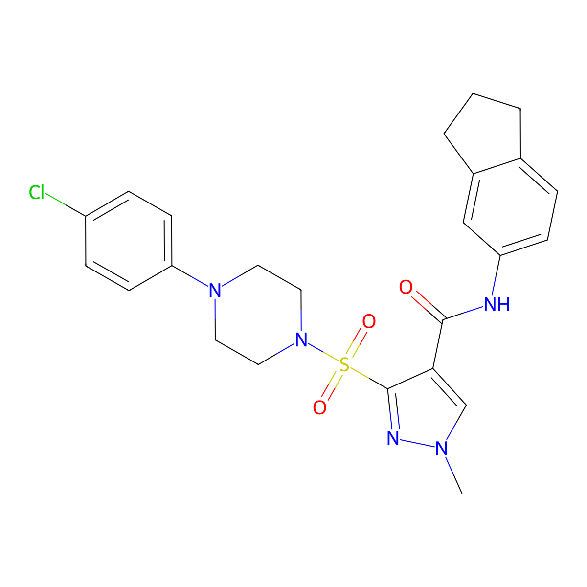 3-{[4-(4-chlorophenyl)piperazin-1-yl]sulfonyl}-N-(2,3-dihydro-1H-inden-5-yl)-1-methyl-1H-pyrazole-4-carboxamide molecular structure, CAS 1251667-77-2