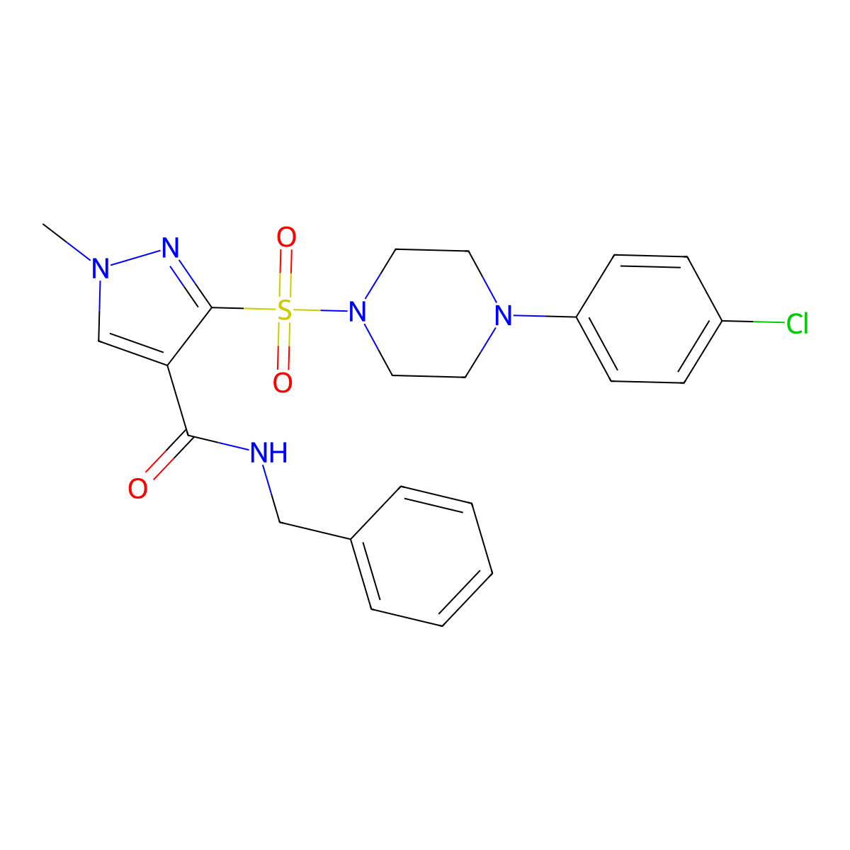 N-benzyl-3-{[4-(4-chlorophenyl)piperazin-1-yl]sulfonyl}-1-methyl-1H-pyrazole-4-carboxamide molecular structure, CAS 1251667-86-3