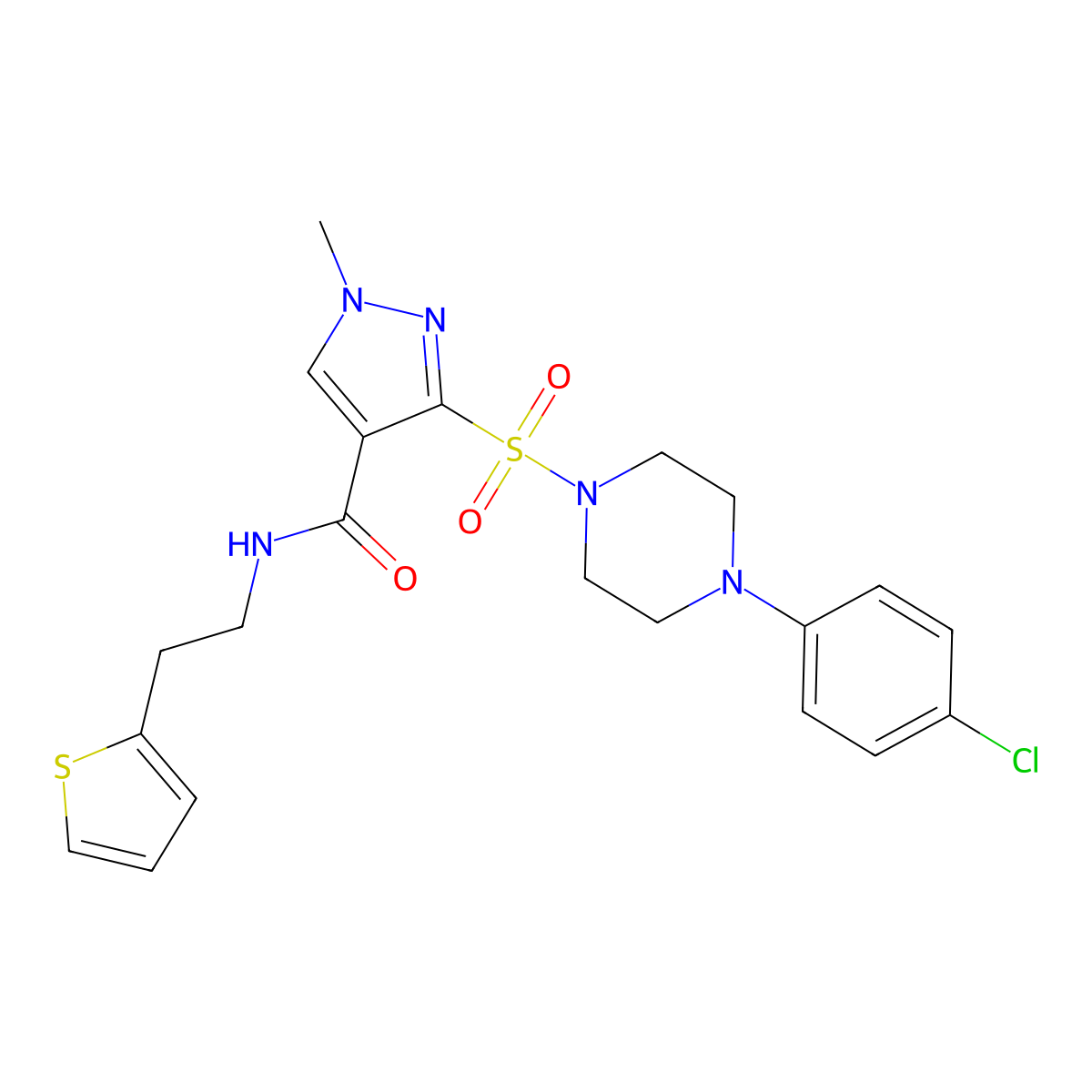 3-{[4-(4-chlorophenyl)piperazin-1-yl]sulfonyl}-1-methyl-N-[2-(thiophen-2-yl)ethyl]-1H-pyrazole-4-carboxamide molecular structure, CAS 1251669-67-6