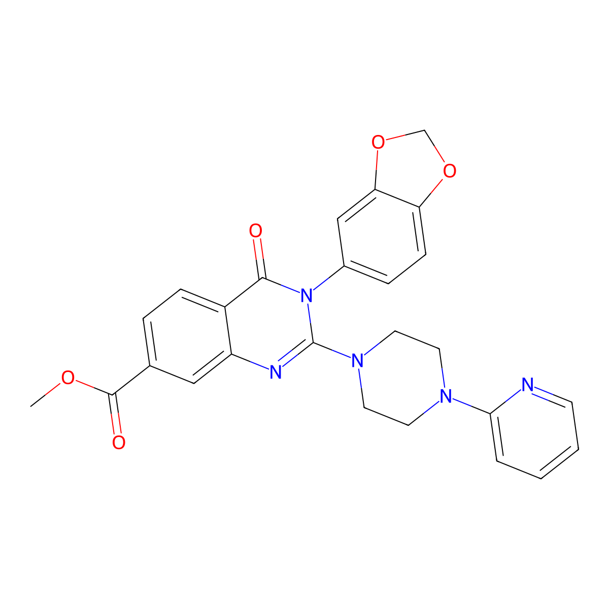 Methyl 3-(benzo[d][1,3]dioxol-5-yl)-4-oxo-2-(4-(pyridin-2-yl)piperazin-1-yl)-3,4-dihydroquinazoline-7-carboxylate molecular structure, CAS 1251669-68-7