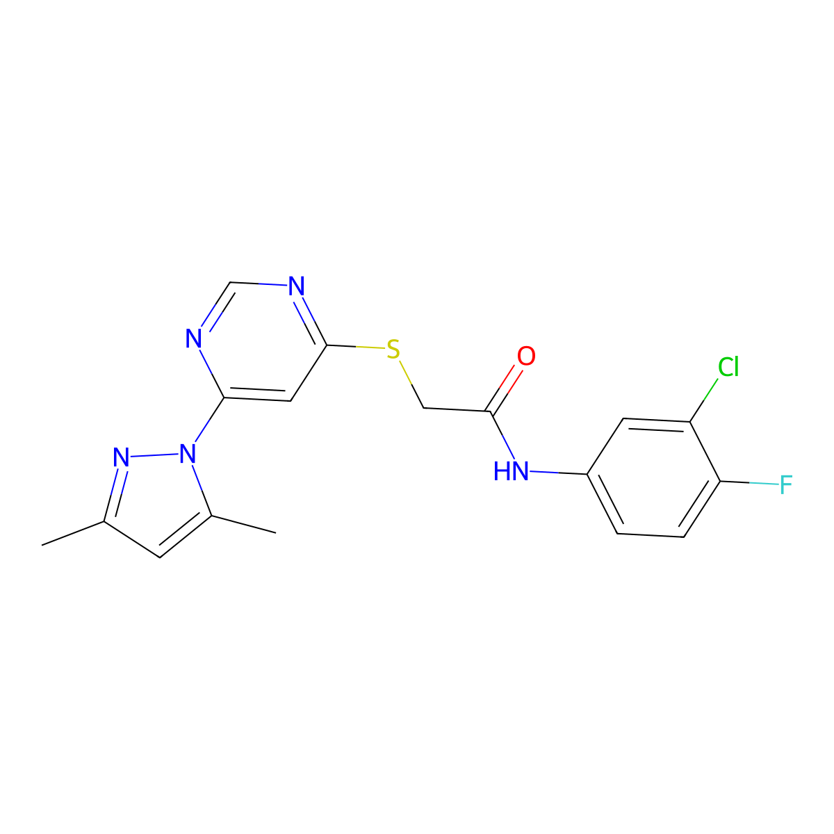 N-(3-chloro-4-fluorophenyl)-2-((6-(3,5-dimethyl-1H-pyrazol-1-yl)pyrimidin-4-yl)thio)acetamide molecular structure, CAS 1251669-78-9