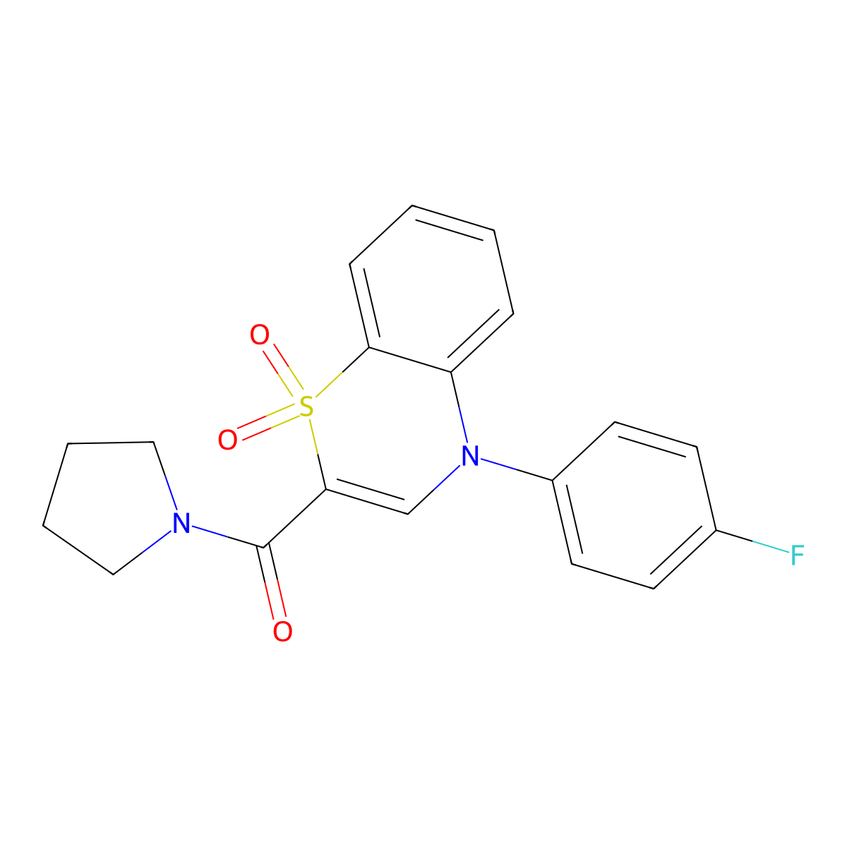 (4-(4-fluorophenyl)-1,1-dioxido-4H-benzo[b][1,4]thiazin-2-yl)(pyrrolidin-1-yl)methanone molecular structure, CAS 1251669-79-0