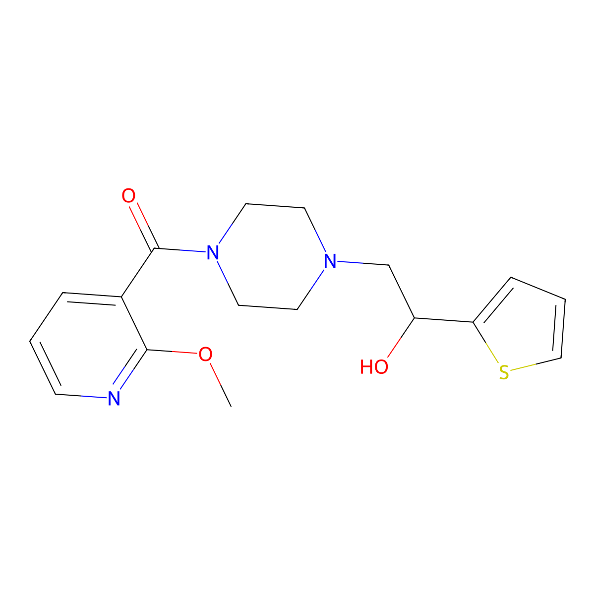 (4-(2-Hydroxy-2-(thiophen-2-yl)ethyl)piperazin-1-yl)(2-methoxypyridin-3-yl)methanone molecular structure, CAS 1251669-80-3