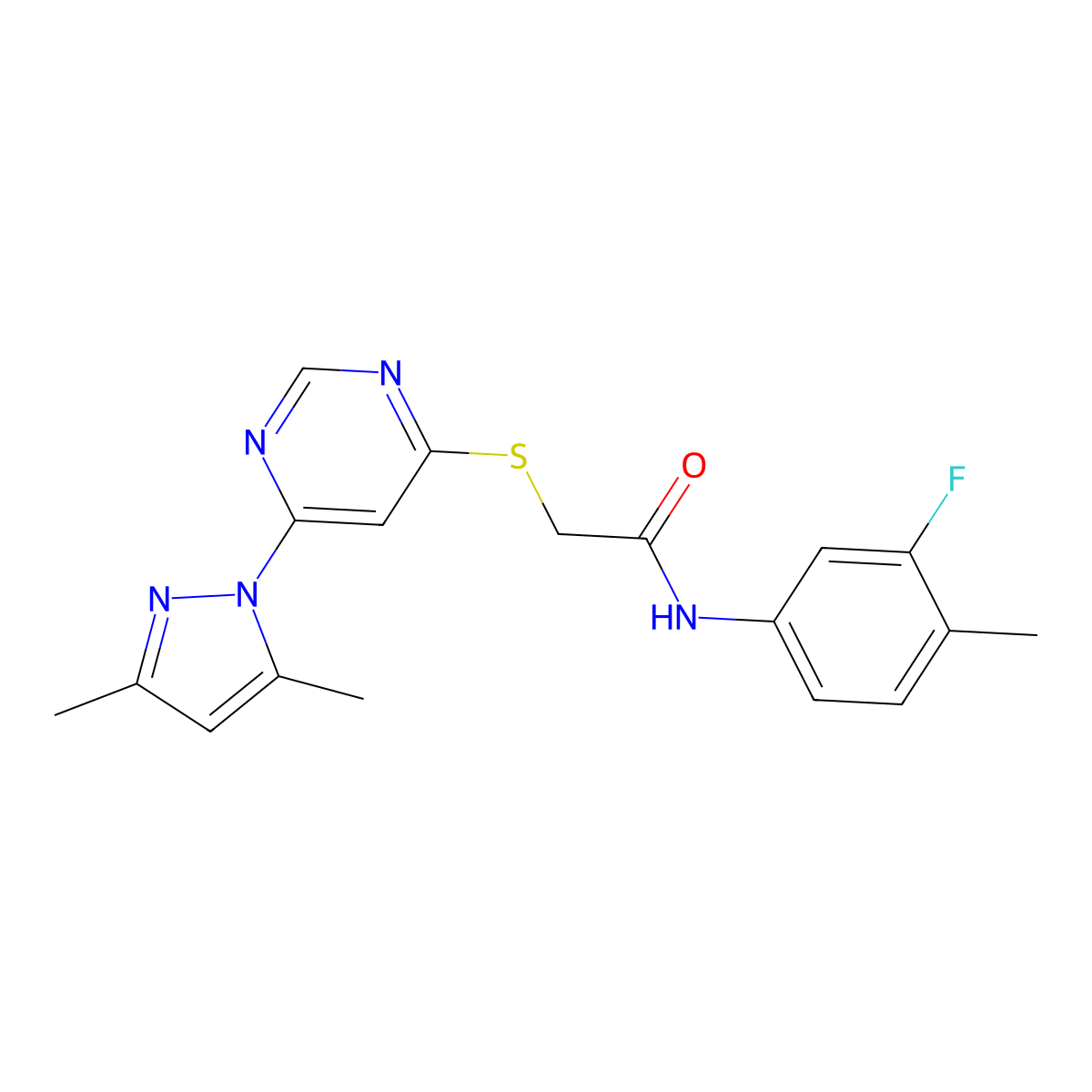 2-((6-(3,5-dimethyl-1H-pyrazol-1-yl)pyrimidin-4-yl)thio)-N-(3-fluoro-4-methylphenyl)acetamide molecular structure, CAS 1251669-82-5