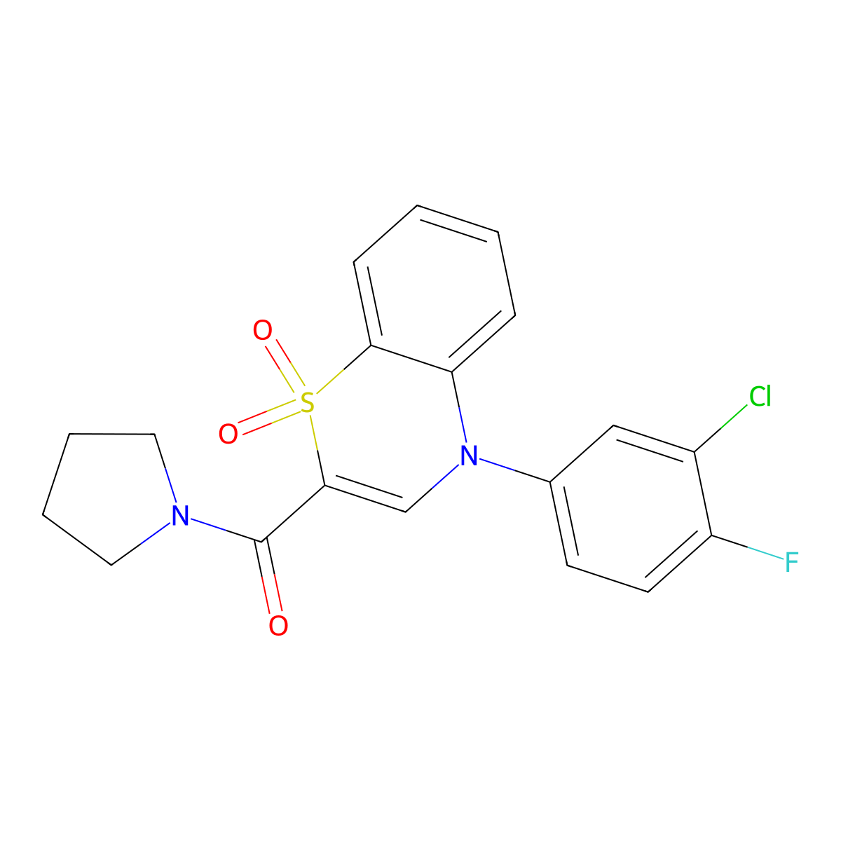 (4-(3-chloro-4-fluorophenyl)-1,1-dioxido-4H-benzo[b][1,4]thiazin-2-yl)(pyrrolidin-1-yl)methanone molecular structure, CAS 1251669-88-1