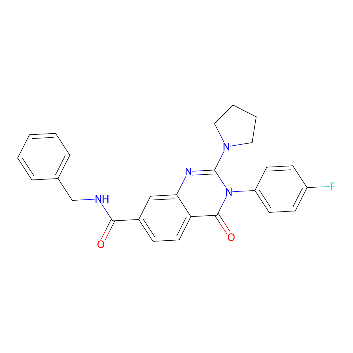 N-benzyl-3-(4-fluorophenyl)-4-oxo-2-(pyrrolidin-1-yl)-3,4-dihydroquinazoline-7-carboxamide molecular structure, CAS 1251669-90-5