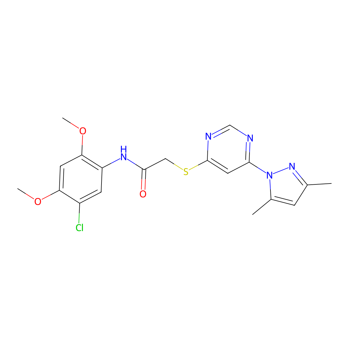 N-(5-chloro-2,4-dimethoxyphenyl)-2-((6-(3,5-dimethyl-1H-pyrazol-1-yl)pyrimidin-4-yl)thio)acetamide molecular structure, CAS 1251669-94-9