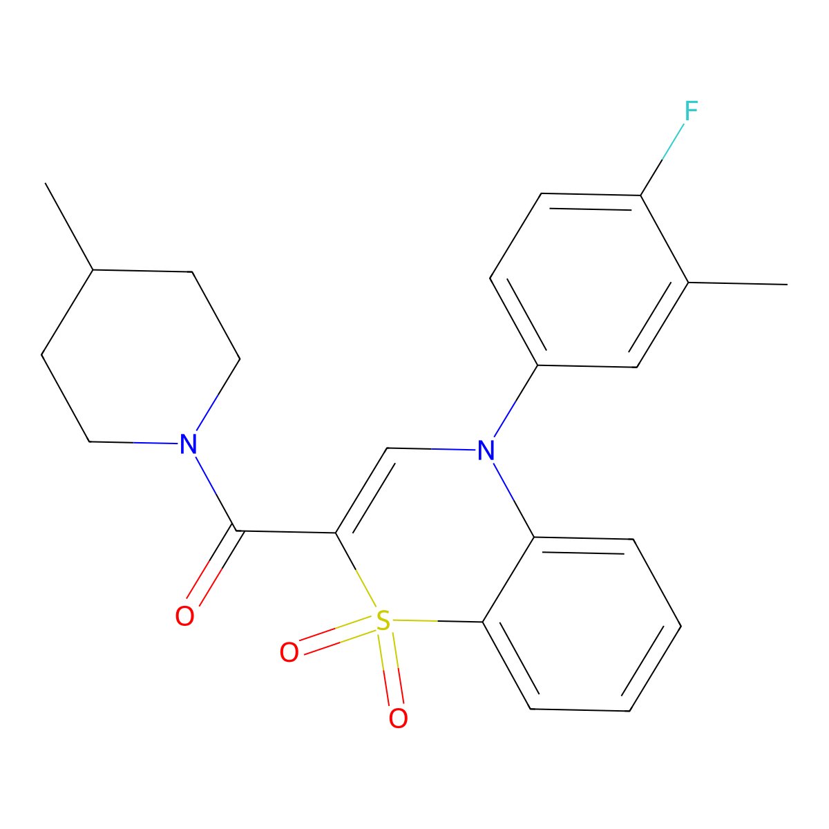 4-(4-fluoro-3-methylphenyl)-2-(4-methylpiperidine-1-carbonyl)-4H-1lambda6,4-benzothiazine-1,1-dione molecular structure, CAS 1251670-01-5