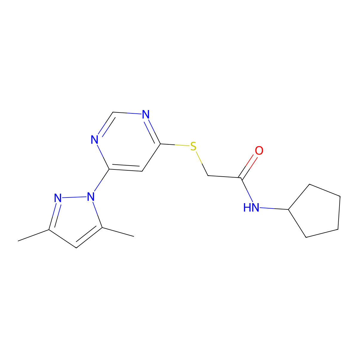 N-cyclopentyl-2-((6-(3,5-dimethyl-1H-pyrazol-1-yl)pyrimidin-4-yl)thio)acetamide molecular structure, CAS 1251670-03-7