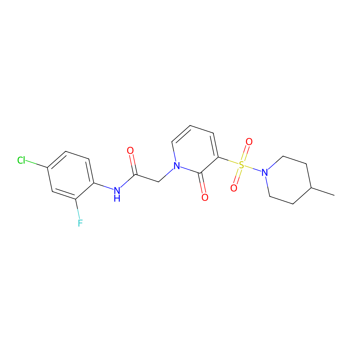 N-(4-chloro-2-fluorophenyl)-2-{3-[(4-methylpiperidin-1-yl)sulfonyl]-2-oxo-1,2-dihydropyridin-1-yl}acetamide molecular structure, CAS 1251670-13-9