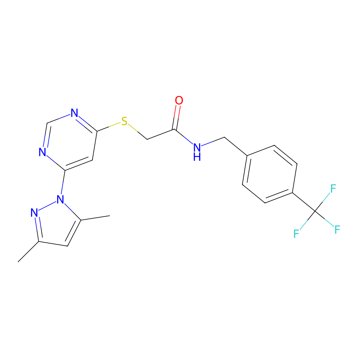 2-((6-(3,5-dimethyl-1H-pyrazol-1-yl)pyrimidin-4-yl)thio)-N-(4-(trifluoromethyl)benzyl)acetamide molecular structure, CAS 1251670-18-4