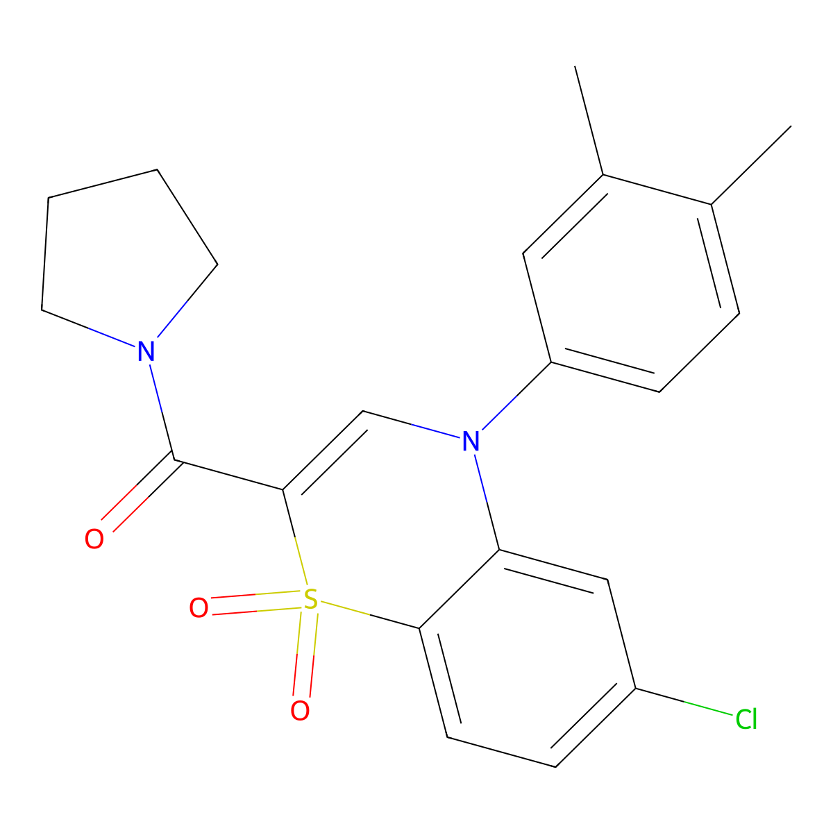 (6-chloro-4-(3,4-dimethylphenyl)-1,1-dioxido-4H-benzo[b][1,4]thiazin-2-yl)(pyrrolidin-1-yl)methanone molecular structure, CAS 1251670-28-6