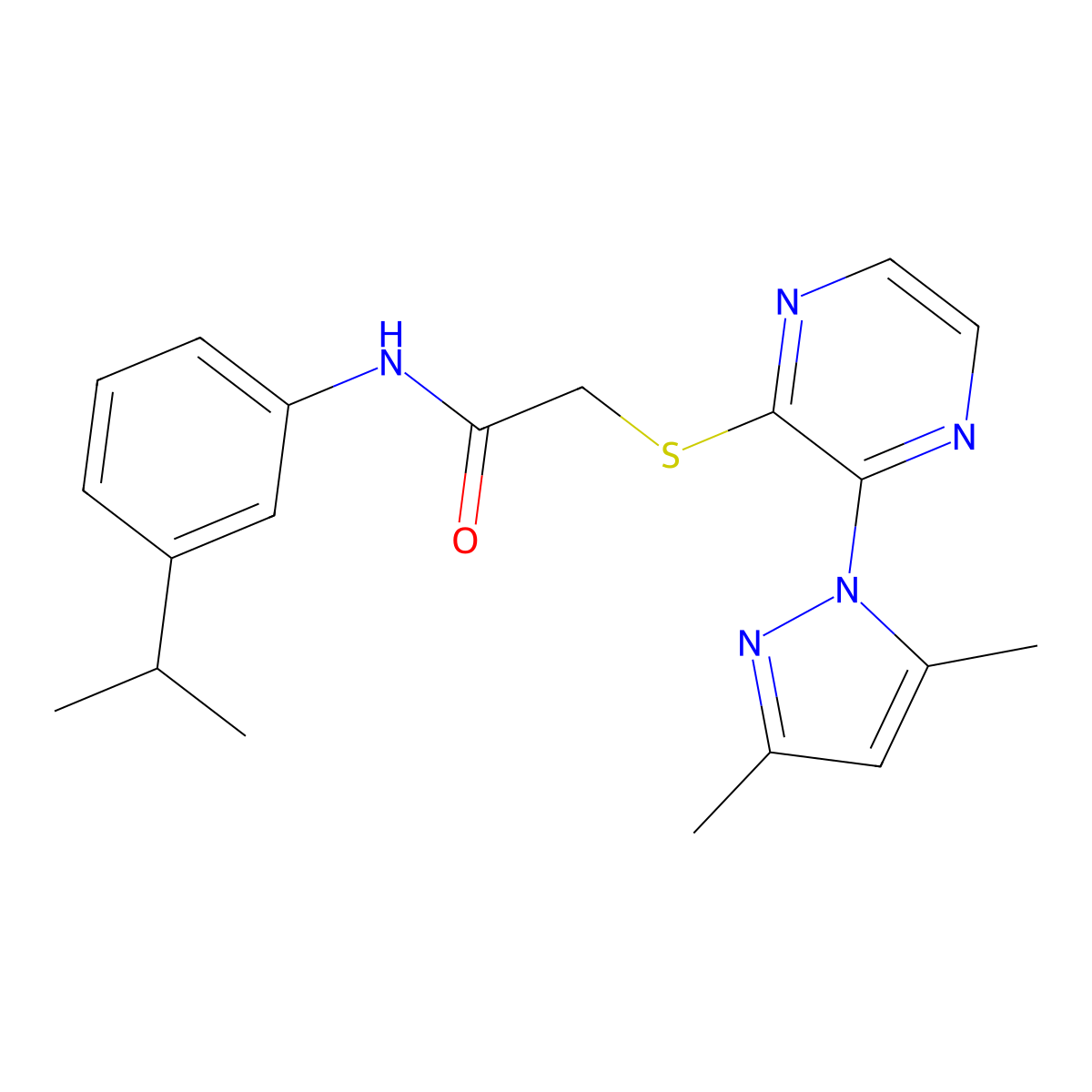 2-((3-(3,5-dimethyl-1H-pyrazol-1-yl)pyrazin-2-yl)thio)-N-(3-isopropylphenyl)acetamide molecular structure, CAS 1251670-35-5