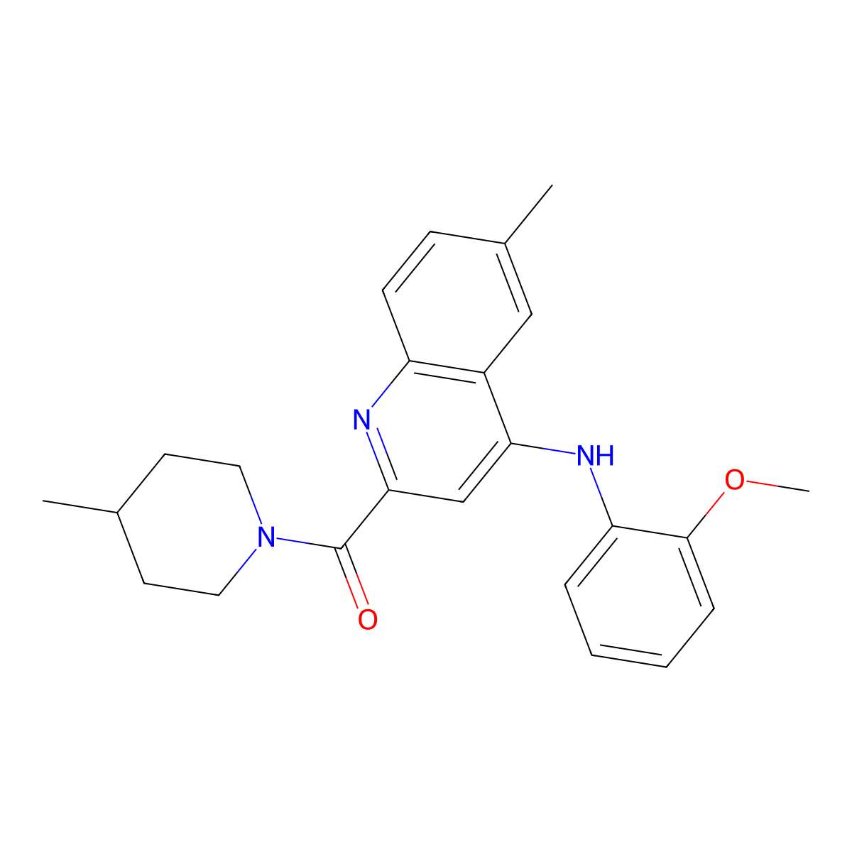 N-(2-methoxyphenyl)-6-methyl-2-(4-methylpiperidine-1-carbonyl)quinolin-4-amine molecular structure, CAS 1251670-39-9