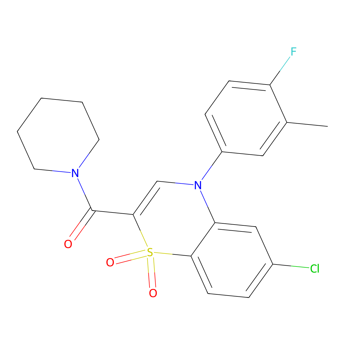 6-chloro-4-(4-fluoro-3-methylphenyl)-2-(piperidine-1-carbonyl)-4H-1lambda6,4-benzothiazine-1,1-dione molecular structure, CAS 1251670-41-3