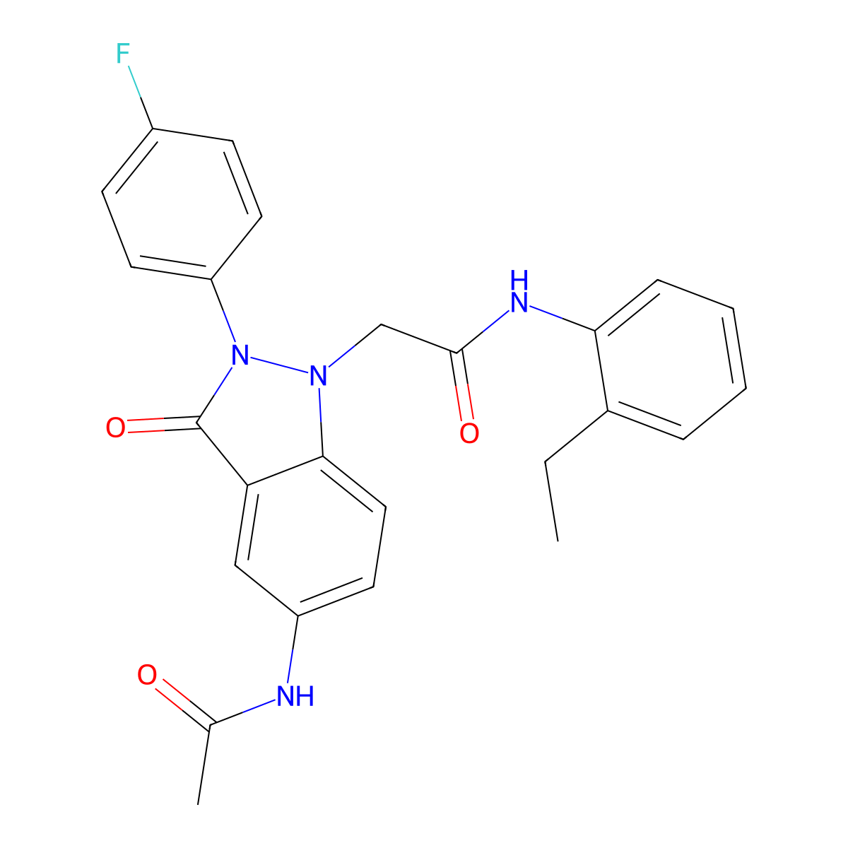 2-[5-acetamido-2-(4-fluorophenyl)-3-oxo-2,3-dihydro-1H-indazol-1-yl]-N-(2-ethylphenyl)acetamide molecular structure, CAS 1251670-55-9