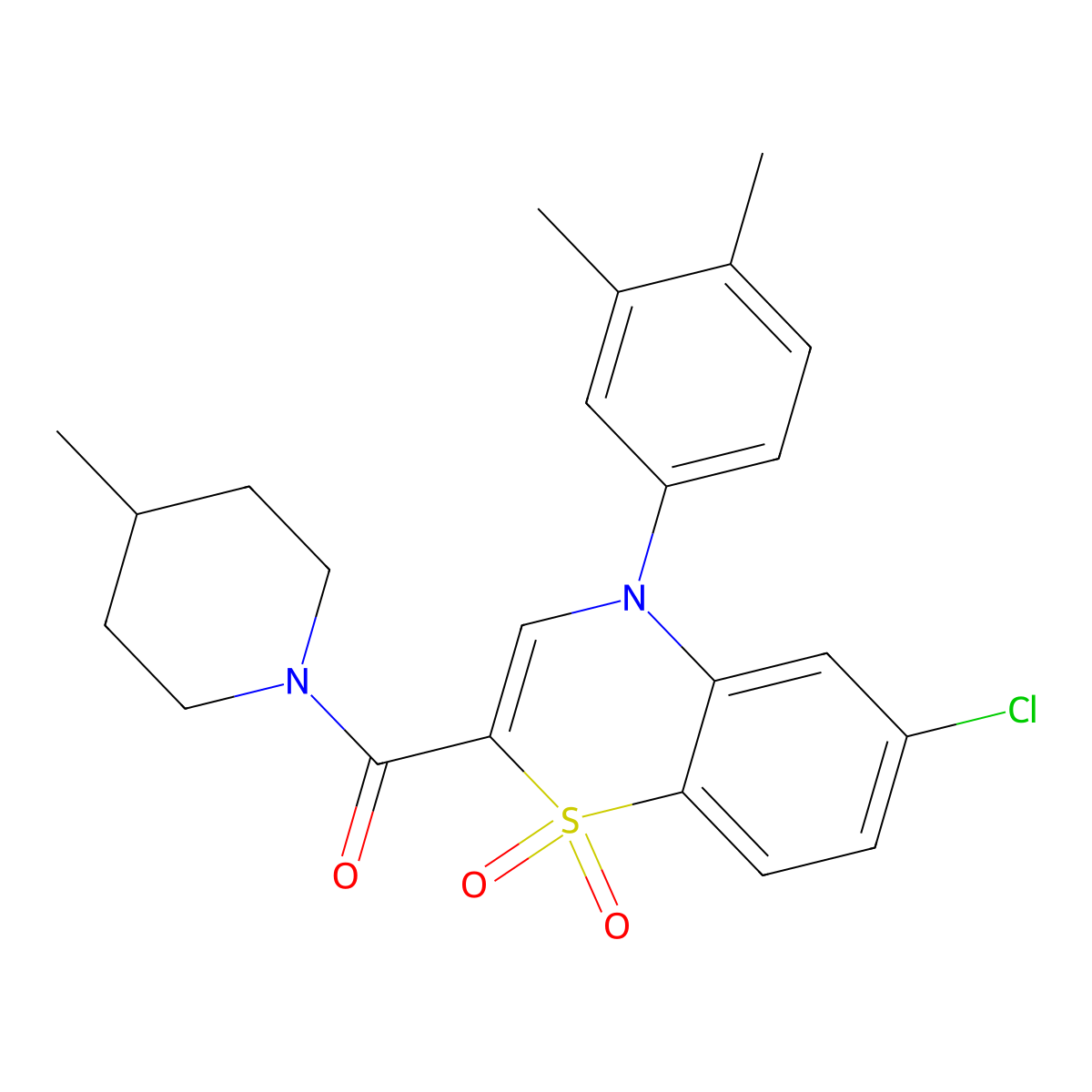 6-chloro-4-(3,4-dimethylphenyl)-2-(4-methylpiperidine-1-carbonyl)-4H-1lambda6,4-benzothiazine-1,1-dione molecular structure, CAS 1251670-58-2