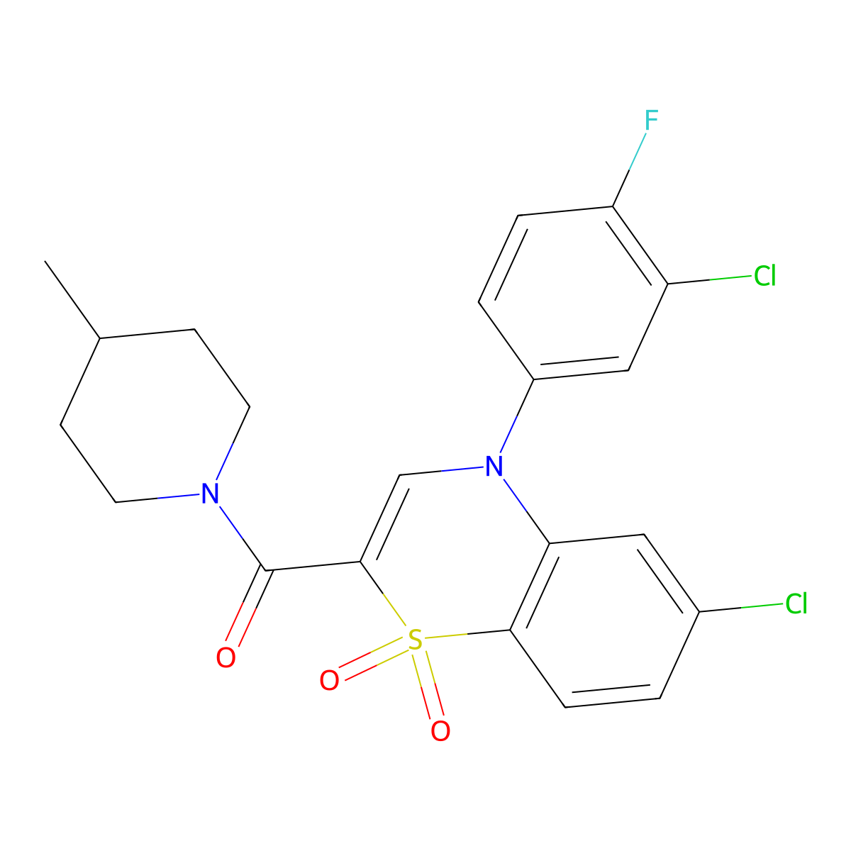 6-chloro-4-(3-chloro-4-fluorophenyl)-2-(4-methylpiperidine-1-carbonyl)-4H-1lambda6,4-benzothiazine-1,1-dione molecular structure, CAS 1251670-65-1