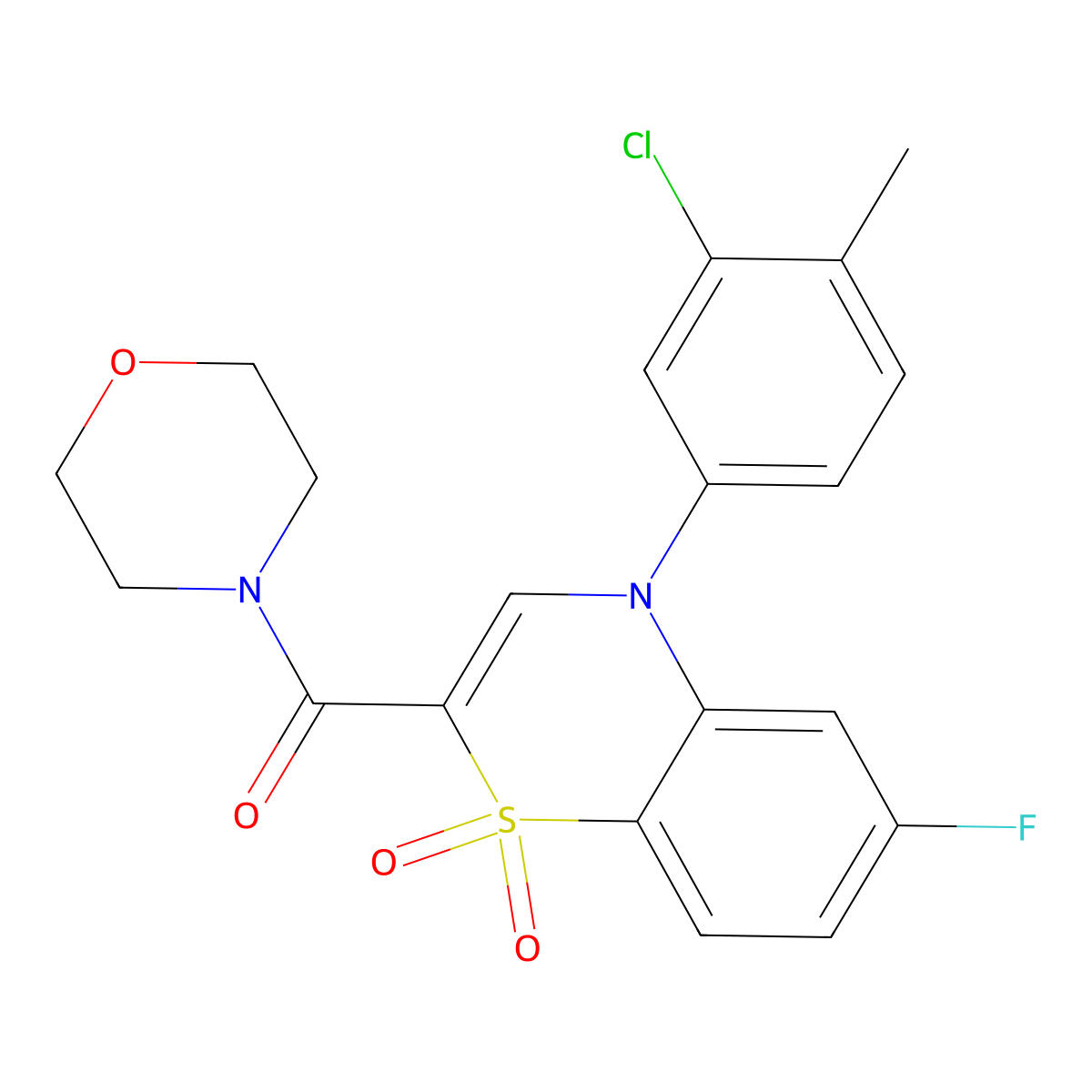 (4-(3-chloro-4-methylphenyl)-6-fluoro-1,1-dioxido-4H-benzo[b][1,4]thiazin-2-yl)(morpholino)methanone molecular structure, CAS 1251671-03-0