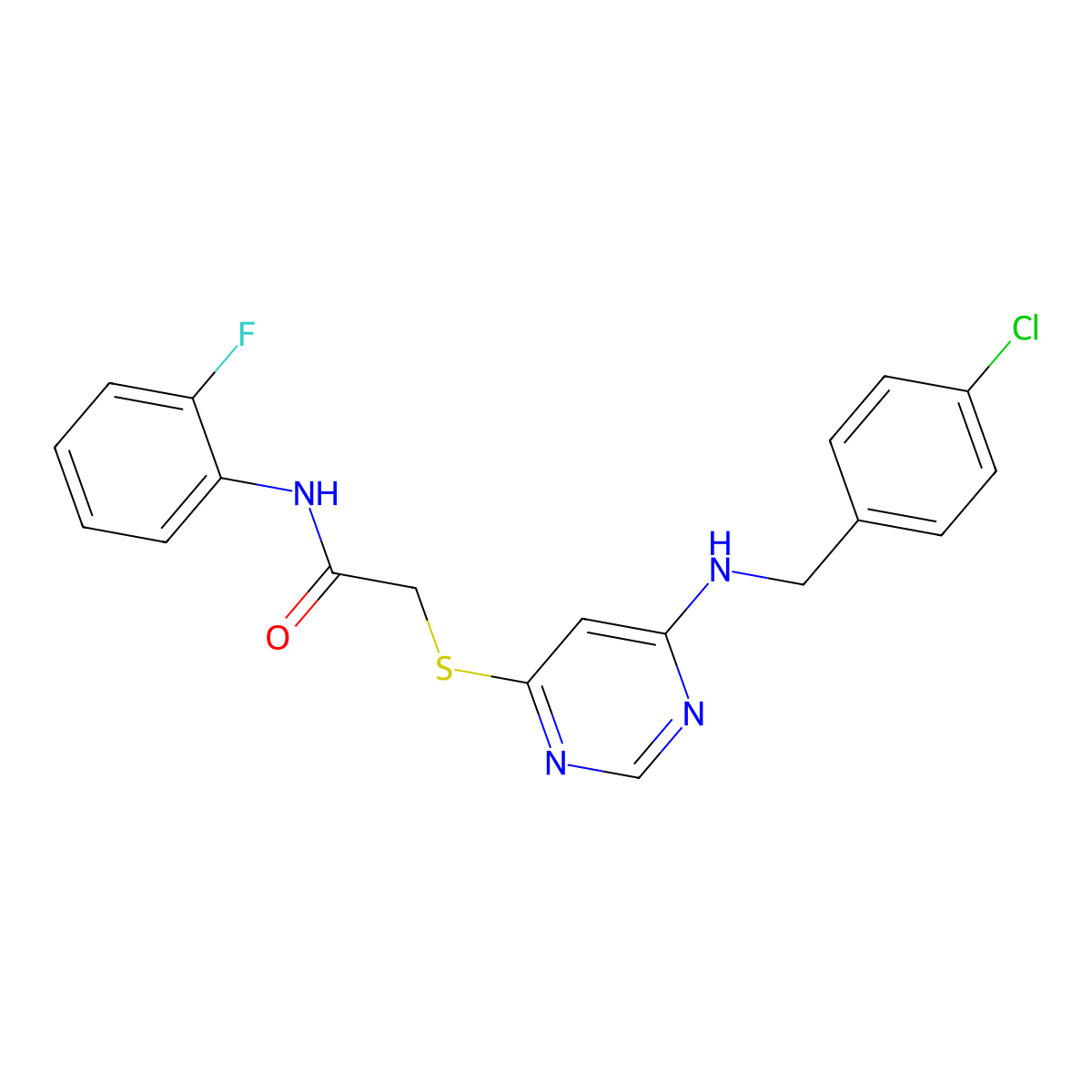2-((6-((4-chlorobenzyl)amino)pyrimidin-4-yl)thio)-N-(2-fluorophenyl)acetamide molecular structure, CAS 1251671-08-5