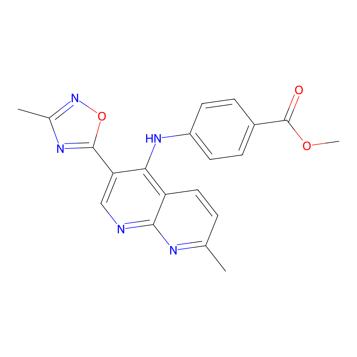 Methyl 4-{[7-methyl-3-(3-methyl-1,2,4-oxadiazol-5-yl)-1,8-naphthyridin-4-yl]amino}benzoate molecular structure, CAS 1251671-11-0