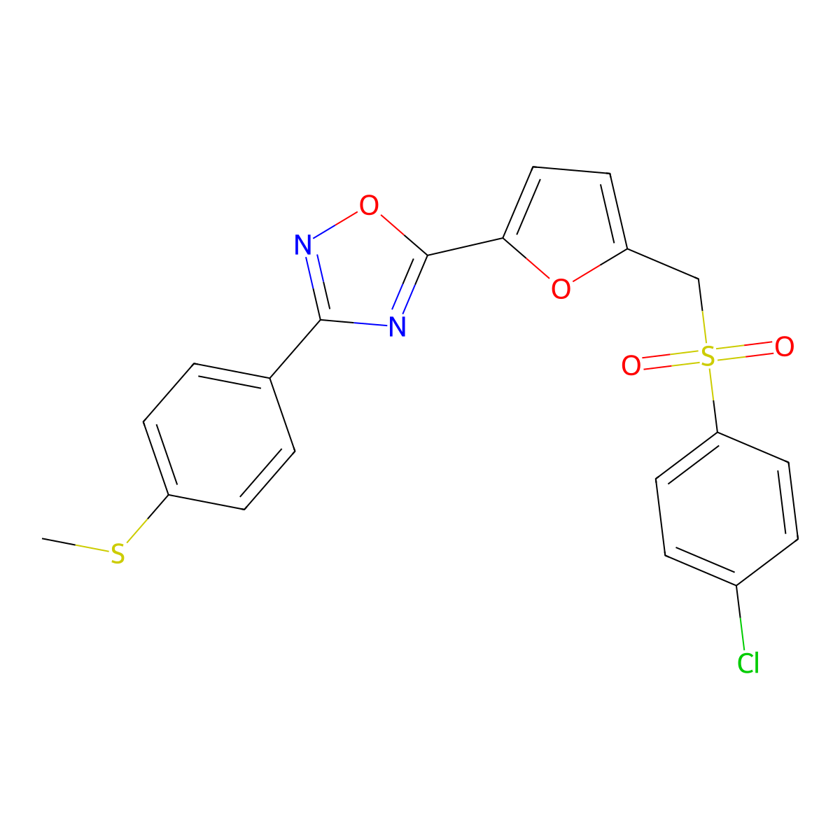 5-(5-(((4-Chlorophenyl)sulfonyl)methyl)furan-2-yl)-3-(4-(methylthio)phenyl)-1,2,4-oxadiazole molecular structure, CAS 1251671-22-3