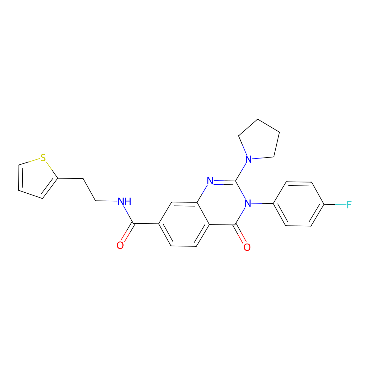 3-(4-fluorophenyl)-4-oxo-2-(pyrrolidin-1-yl)-N-[2-(thiophen-2-yl)ethyl]-3,4-dihydroquinazoline-7-carboxamide molecular structure, CAS 1251671-28-9