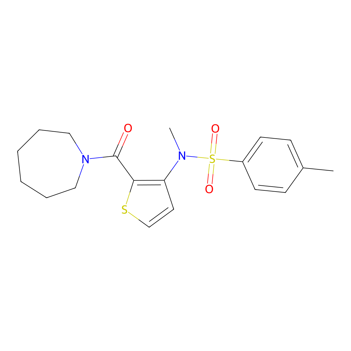 N-(2-(azepane-1-carbonyl)thiophen-3-yl)-N,4-dimethylbenzenesulfonamide molecular structure, CAS 1251671-33-6