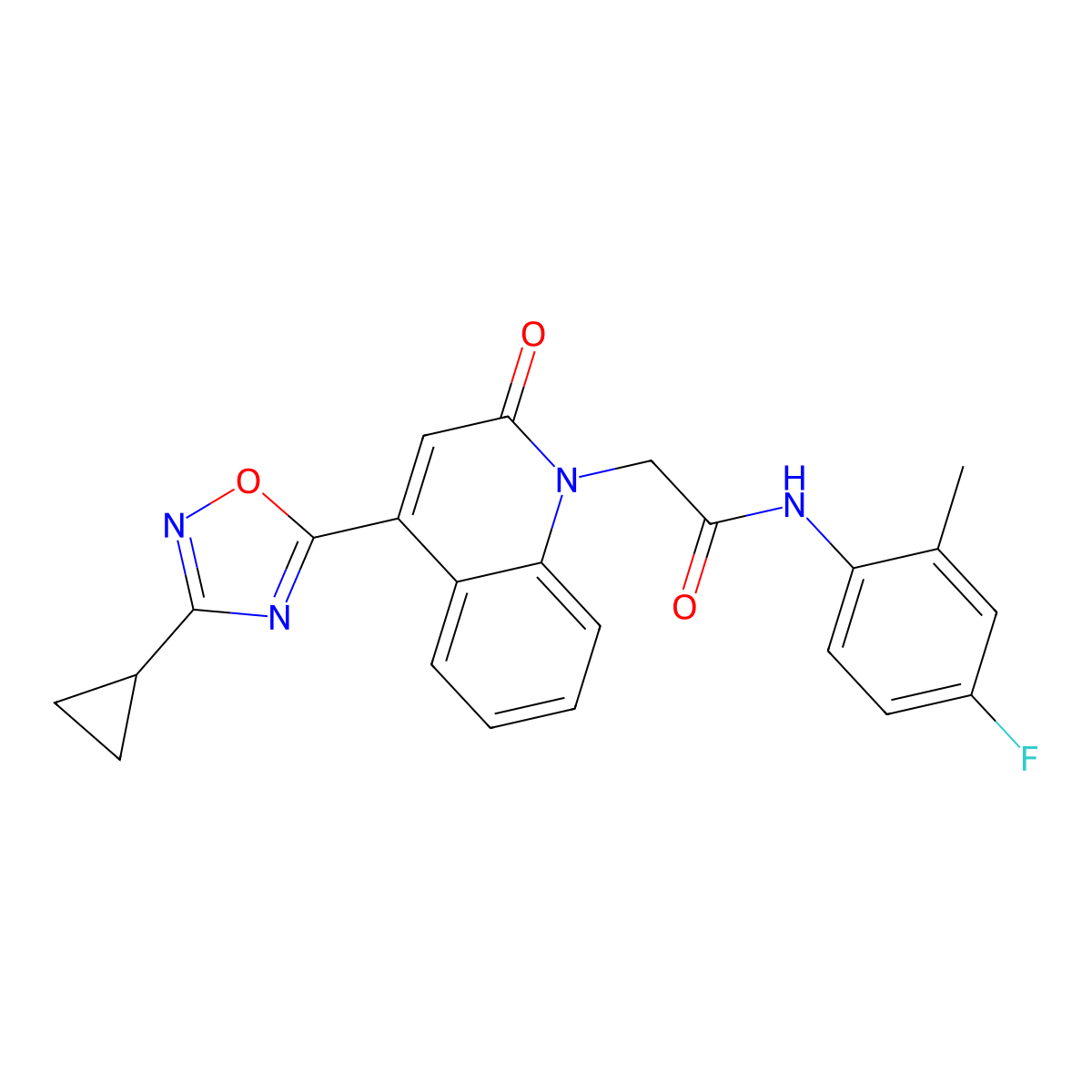 2-[4-(3-cyclopropyl-1,2,4-oxadiazol-5-yl)-2-oxo-1(2H)-quinolinyl]-N~1~-(4-fluoro-2-methylphenyl)acetamide molecular structure, CAS 1251671-34-7