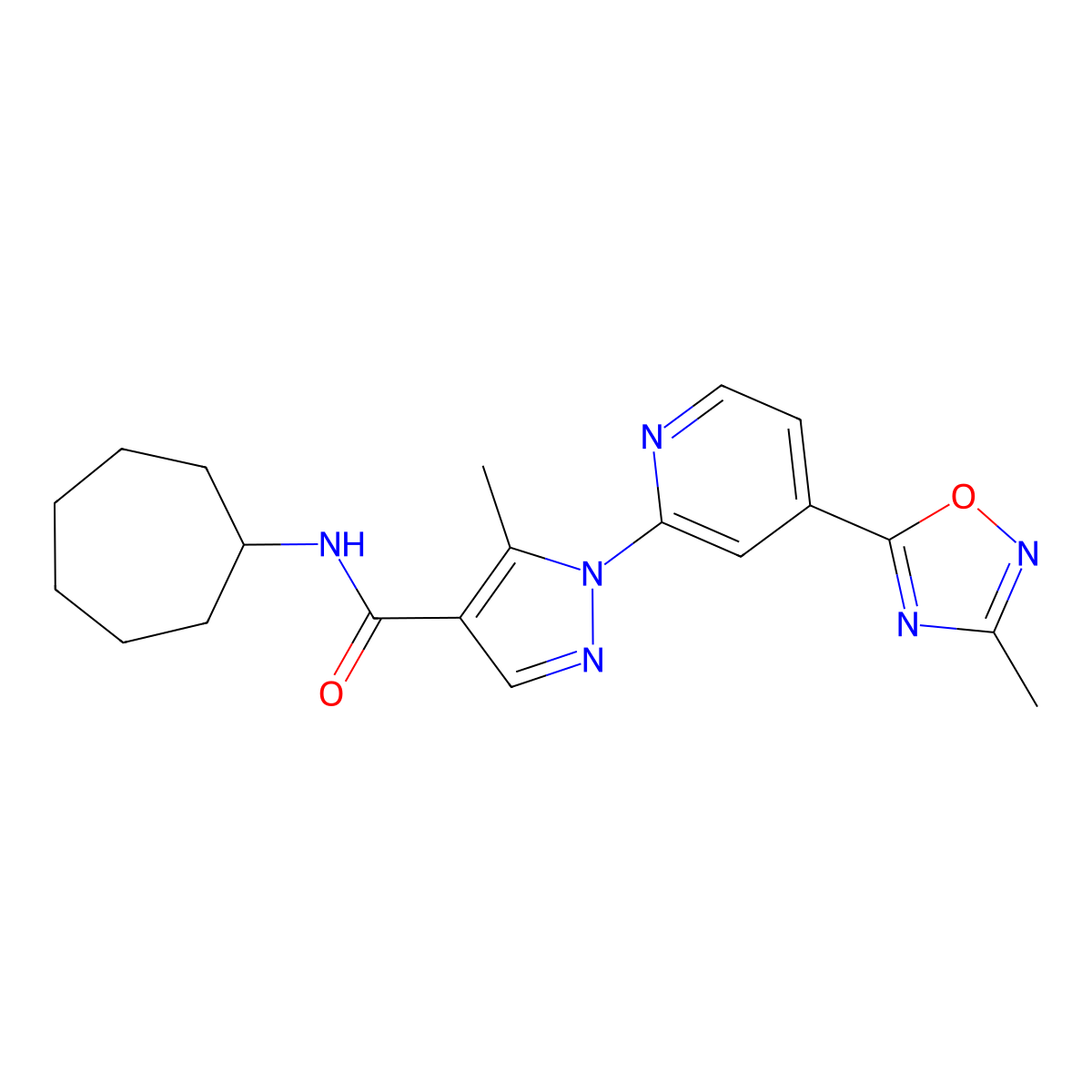 N-cycloheptyl-5-methyl-1-[4-(3-methyl-1,2,4-oxadiazol-5-yl)pyridin-2-yl]-1H-pyrazole-4-carboxamide molecular structure, CAS 1251671-37-0