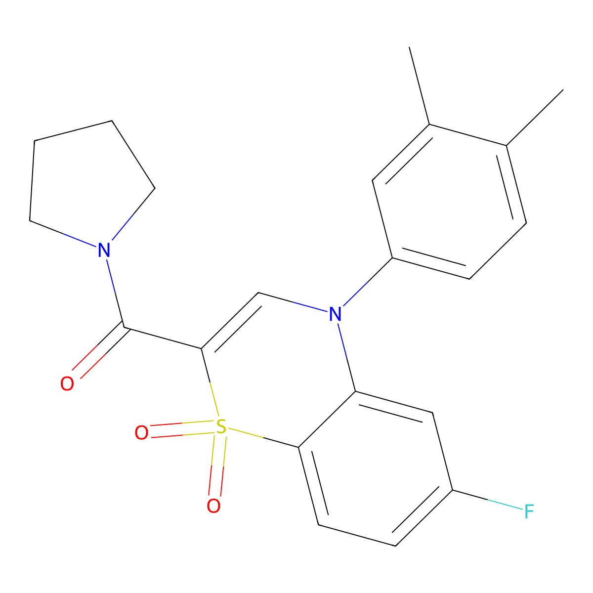 (4-(3,4-dimethylphenyl)-6-fluoro-1,1-dioxido-4H-benzo[b][1,4]thiazin-2-yl)(pyrrolidin-1-yl)methanone molecular structure, CAS 1251671-42-7