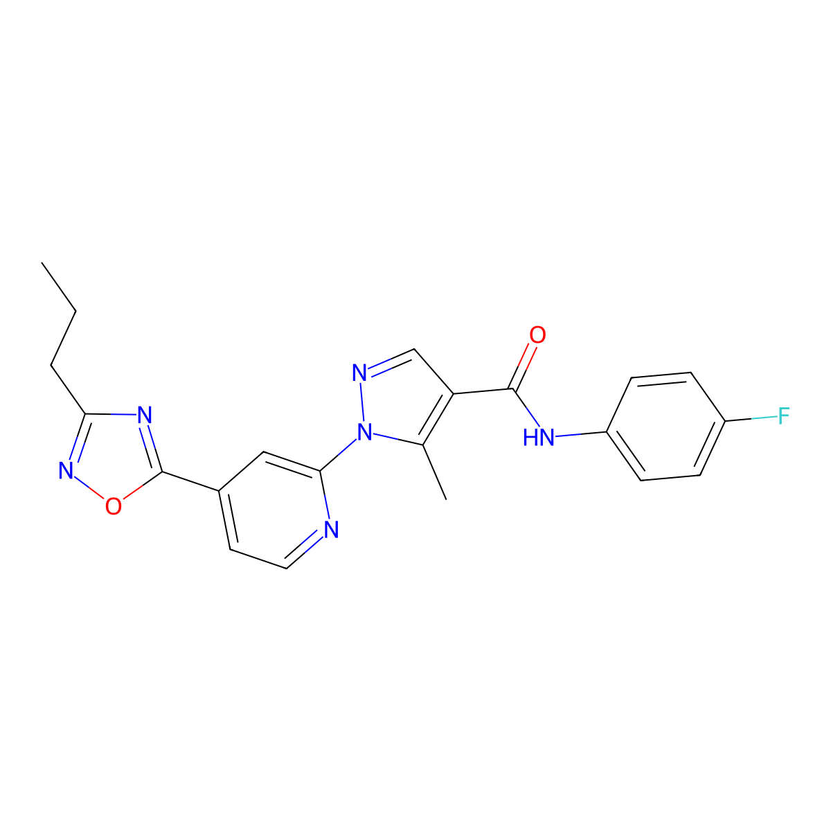 N-(4-fluorophenyl)-5-methyl-1-[4-(3-propyl-1,2,4-oxadiazol-5-yl)pyridin-2-yl]-1H-pyrazole-4-carboxamide molecular structure, CAS 1251671-46-1