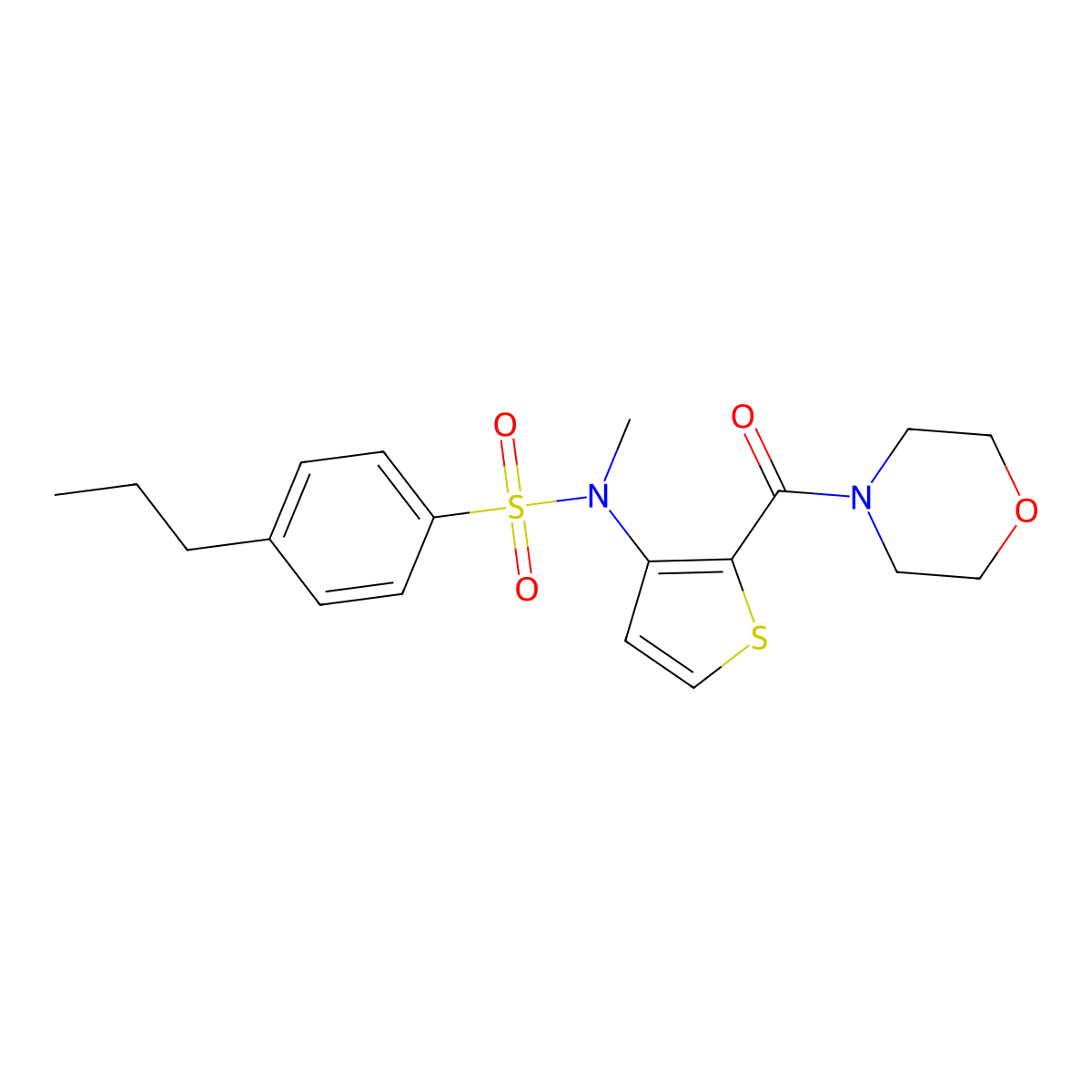 N-methyl-N-(2-(morpholine-4-carbonyl)thiophen-3-yl)-4-propylbenzenesulfonamide molecular structure, CAS 1251671-49-4