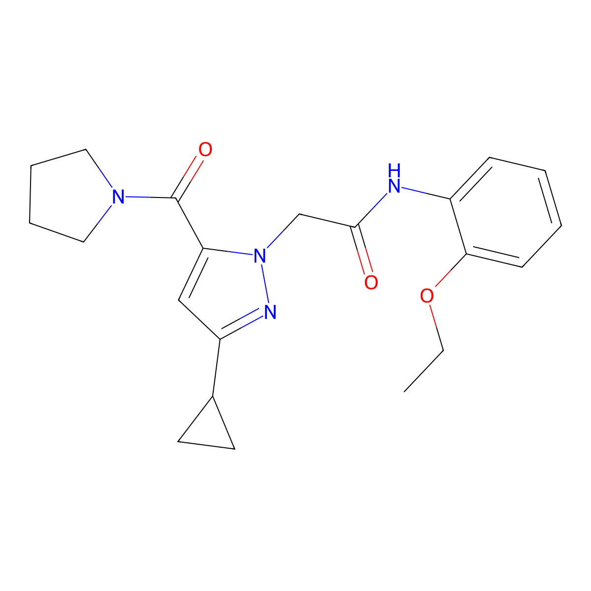 2-(3-cyclopropyl-5-(pyrrolidine-1-carbonyl)-1H-pyrazol-1-yl)-N-(2-ethoxyphenyl)acetamide molecular structure, CAS 1251671-59-6