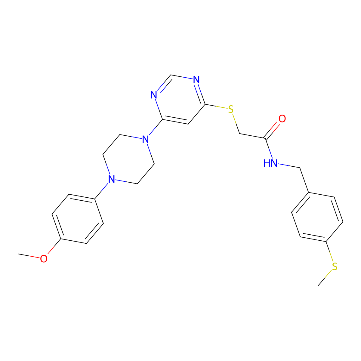 2-({6-[4-(4-methoxyphenyl)piperazin-1-yl]pyrimidin-4-yl}sulfanyl)-N-{[4-(methylsulfanyl)phenyl]methyl}acetamide molecular structure, CAS 1251671-91-6