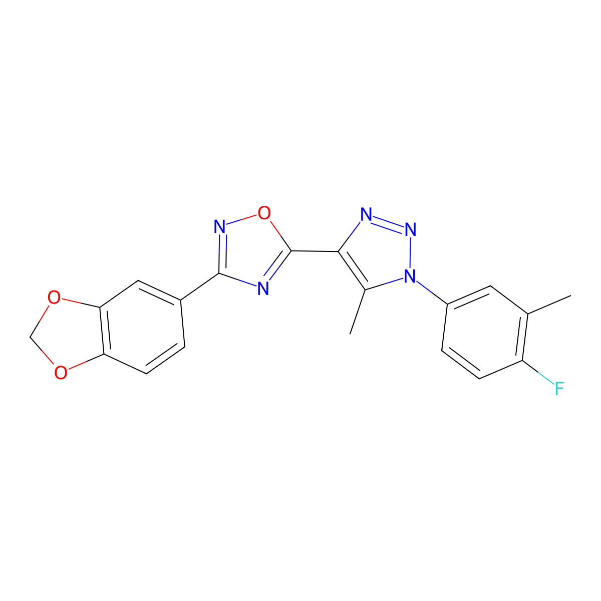 3-(benzo[d][1,3]dioxol-5-yl)-5-(1-(4-fluoro-3-methylphenyl)-5-methyl-1H-1,2,3-triazol-4-yl)-1,2,4-oxadiazole molecular structure, CAS 1251671-96-1