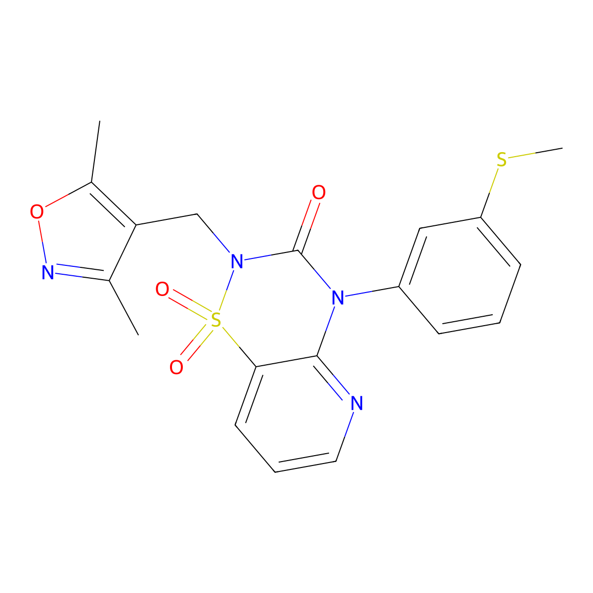 2-((3,5-dimethylisoxazol-4-yl)methyl)-4-(3-(methylthio)phenyl)-2H-pyrido[2,3-e][1,2,4]thiadiazin-3(4H)-one 1,1-dioxide molecular structure, CAS 1251671-98-3