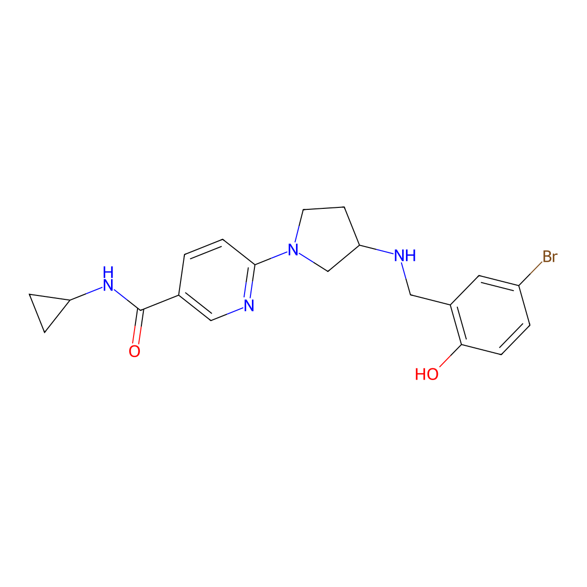 6-{3-[(5-bromo-2-hydroxybenzyl)amino]-1-pyrrolidinyl}-N~3~-cyclopropylnicotinamide molecular structure, CAS 1251672-18-0