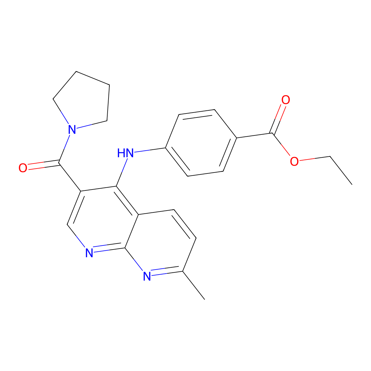 Ethyl 4-{[7-methyl-3-(pyrrolidine-1-carbonyl)-1,8-naphthyridin-4-yl]amino}benzoate molecular structure, CAS 1251672-31-7