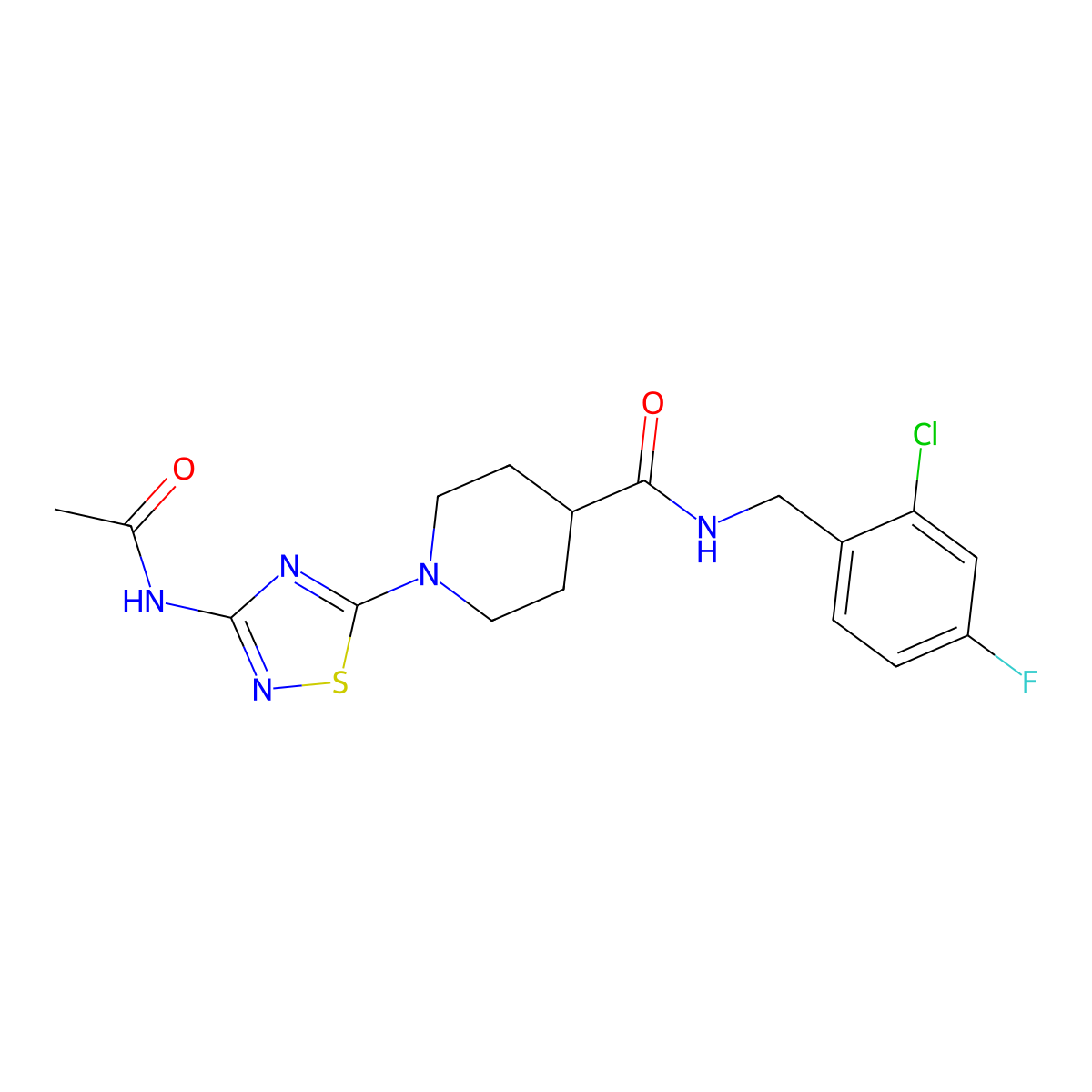 N-[(2-chloro-4-fluorophenyl)methyl]-1-(3-acetamido-1,2,4-thiadiazol-5-yl)piperidine-4-carboxamide molecular structure, CAS 1251672-54-4