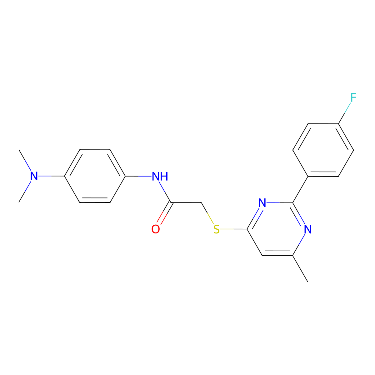 N-(4-(dimethylamino)phenyl)-2-((2-(4-fluorophenyl)-6-methylpyrimidin-4-yl)thio)acetamide molecular structure, CAS 1251672-56-6