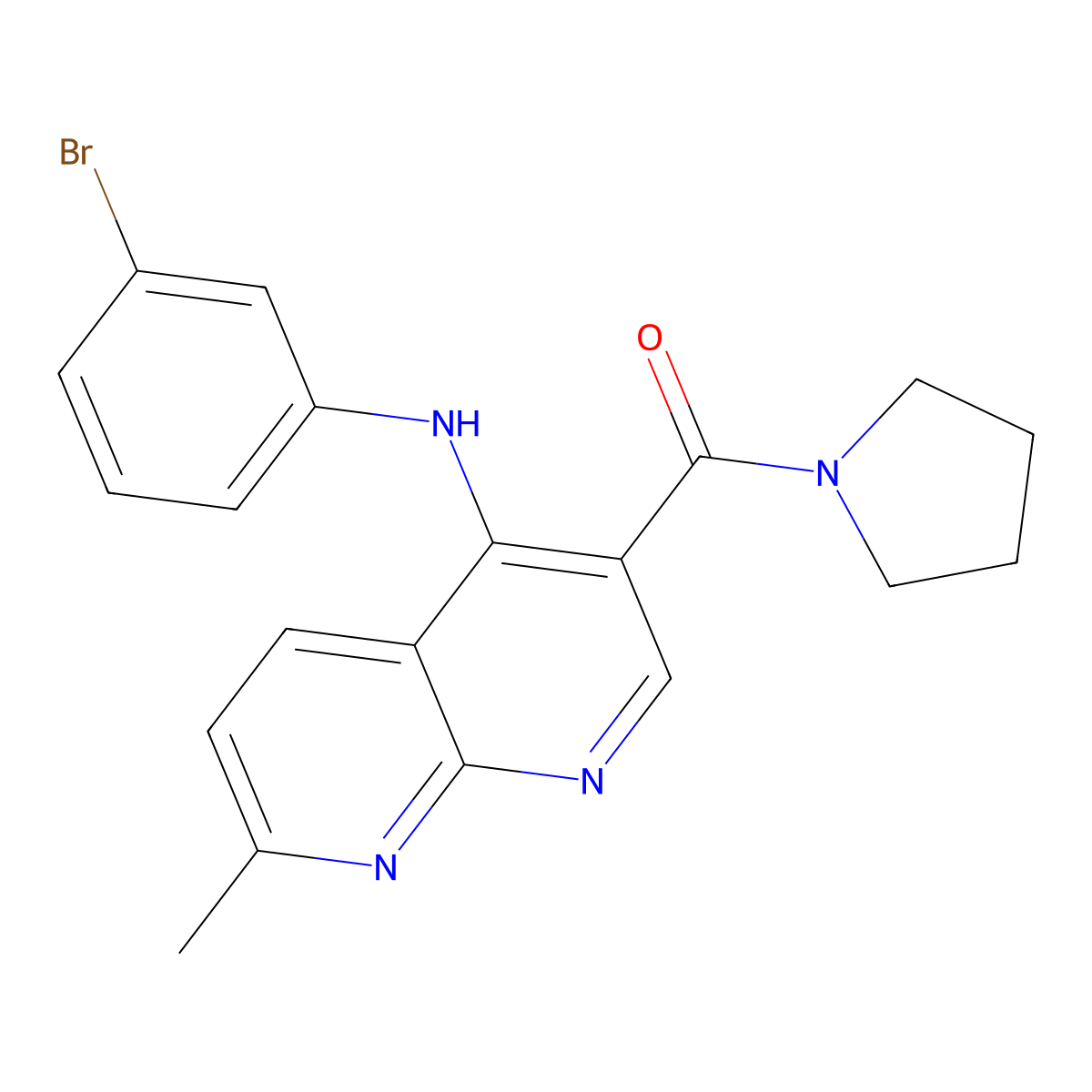 N-(3-bromophenyl)-7-methyl-3-(pyrrolidine-1-carbonyl)-1,8-naphthyridin-4-amine molecular structure, CAS 1251672-59-9