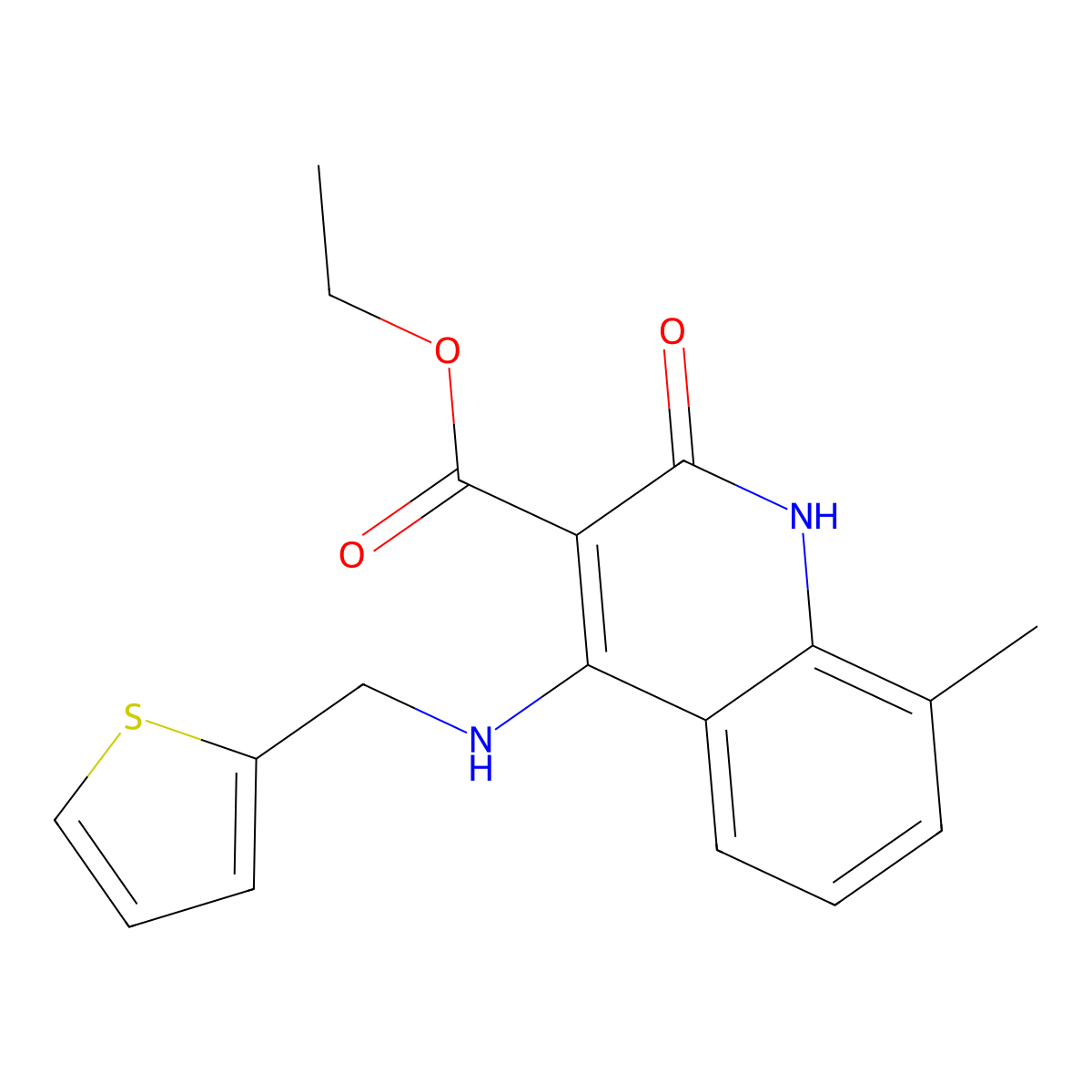Ethyl 8-methyl-2-oxo-4-((thiophen-2-ylmethyl)amino)-1,2-dihydroquinoline-3-carboxylate molecular structure, CAS 1251672-63-5
