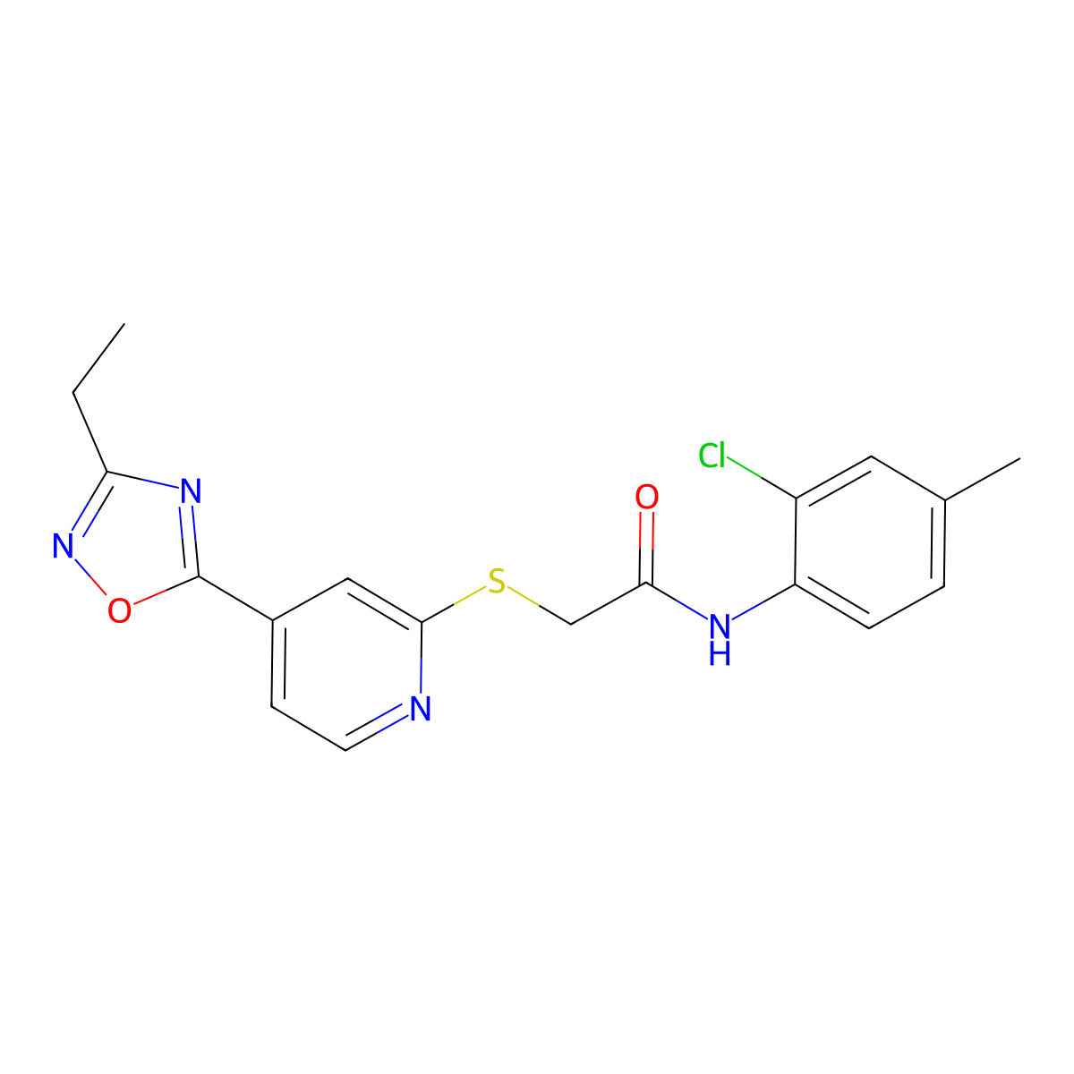N-(2-chloro-4-methylphenyl)-2-((4-(3-ethyl-1,2,4-oxadiazol-5-yl)pyridin-2-yl)thio)acetamide molecular structure, CAS 1251672-65-7