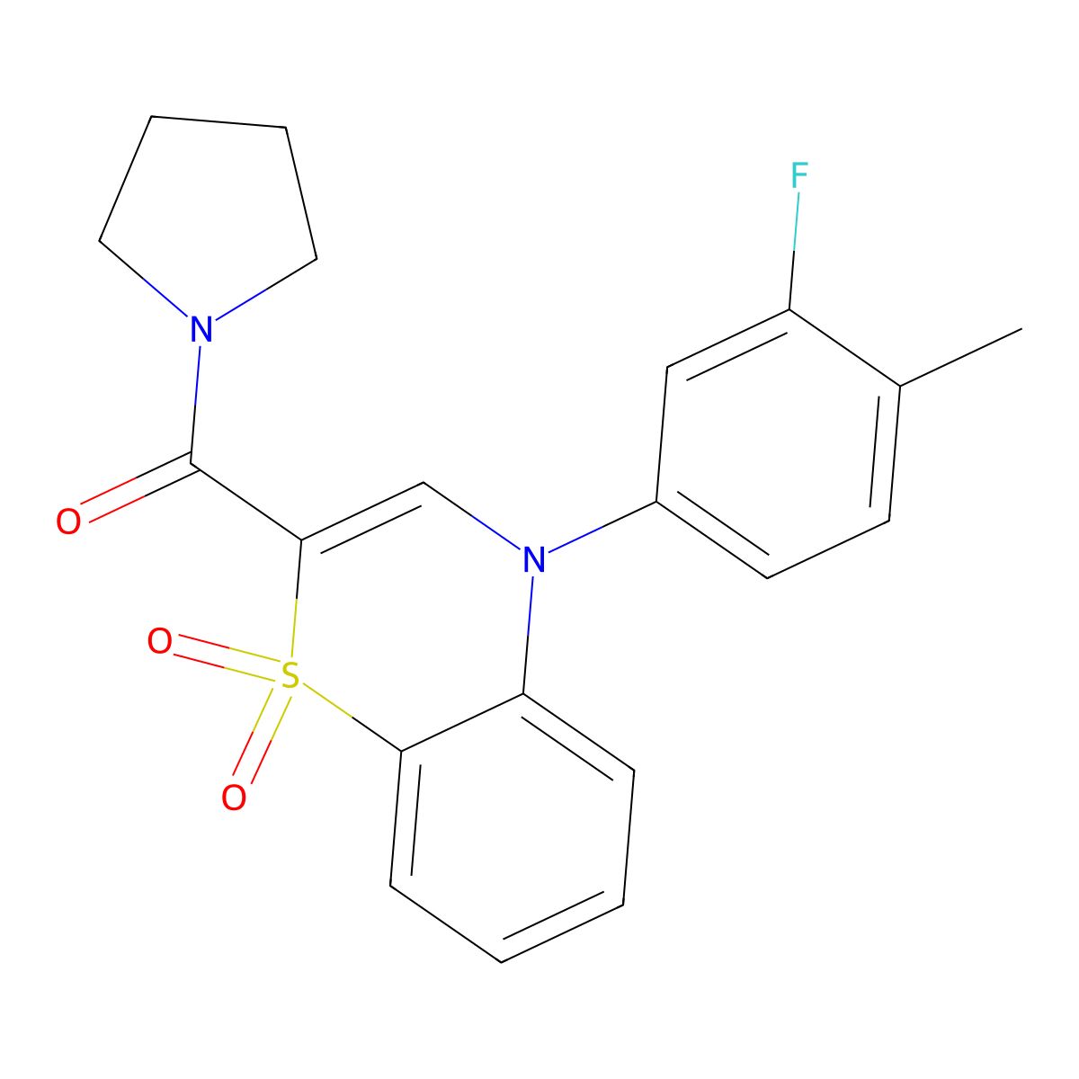 (4-(3-fluoro-4-methylphenyl)-1,1-dioxido-4H-benzo[b][1,4]thiazin-2-yl)(pyrrolidin-1-yl)methanone molecular structure, CAS 1251672-74-8