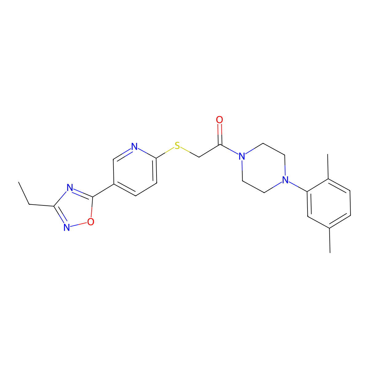 1-(4-(2,5-Dimethylphenyl)piperazin-1-yl)-2-((5-(3-ethyl-1,2,4-oxadiazol-5-yl)pyridin-2-yl)thio)ethanone molecular structure, CAS 1251672-87-3