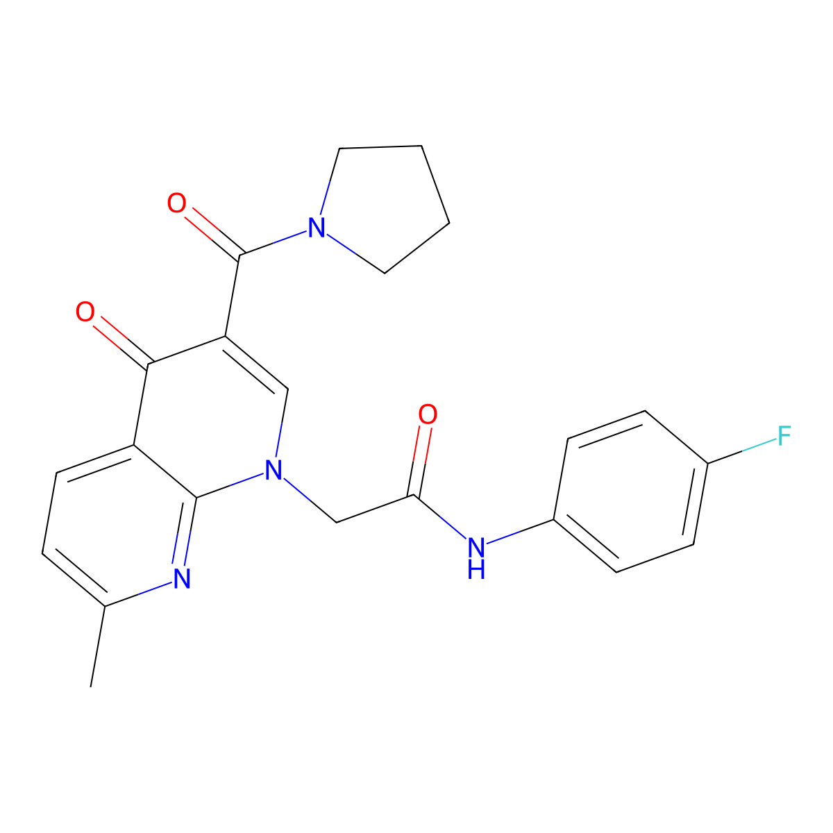 N-(4-fluorophenyl)-2-(7-methyl-4-oxo-3-(pyrrolidine-1-carbonyl)-1,8-naphthyridin-1(4H)-yl)acetamide molecular structure, CAS 1251672-99-7
