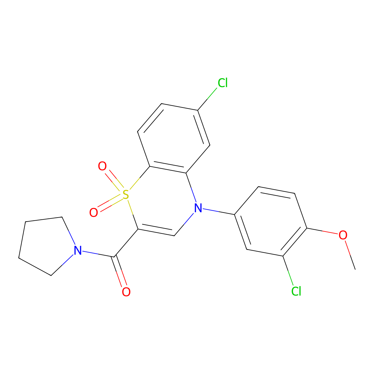 (6-chloro-4-(3-chloro-4-methoxyphenyl)-1,1-dioxido-4H-benzo[b][1,4]thiazin-2-yl)(pyrrolidin-1-yl)methanone molecular structure, CAS 1251673-08-1