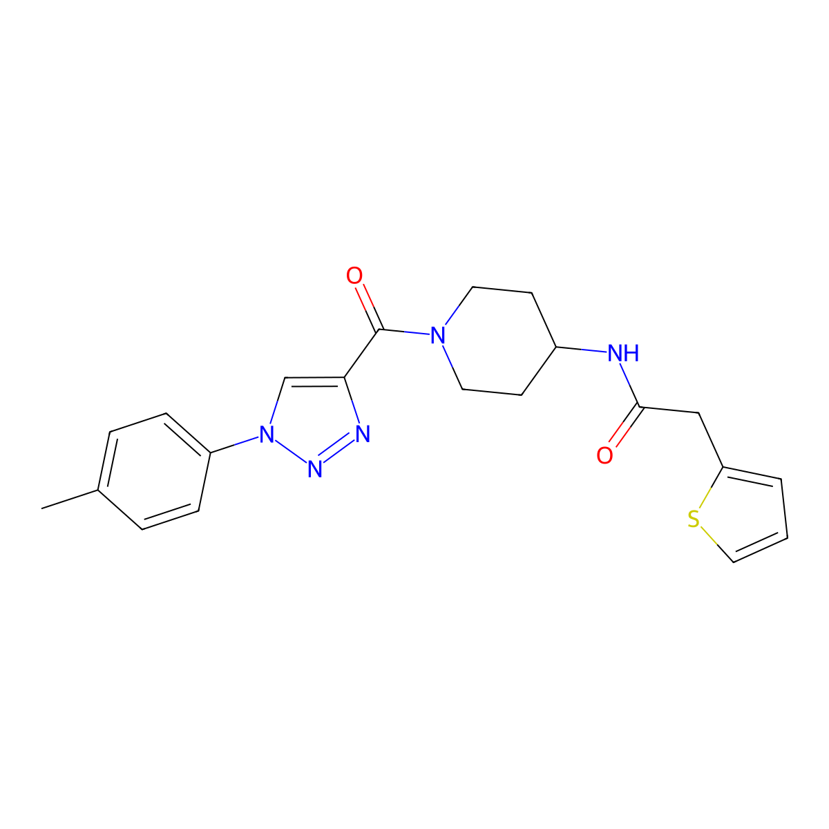 2-(thiophen-2-yl)-N-(1-(1-(p-tolyl)-1H-1,2,3-triazole-4-carbonyl)piperidin-4-yl)acetamide molecular structure, CAS 1251673-09-2